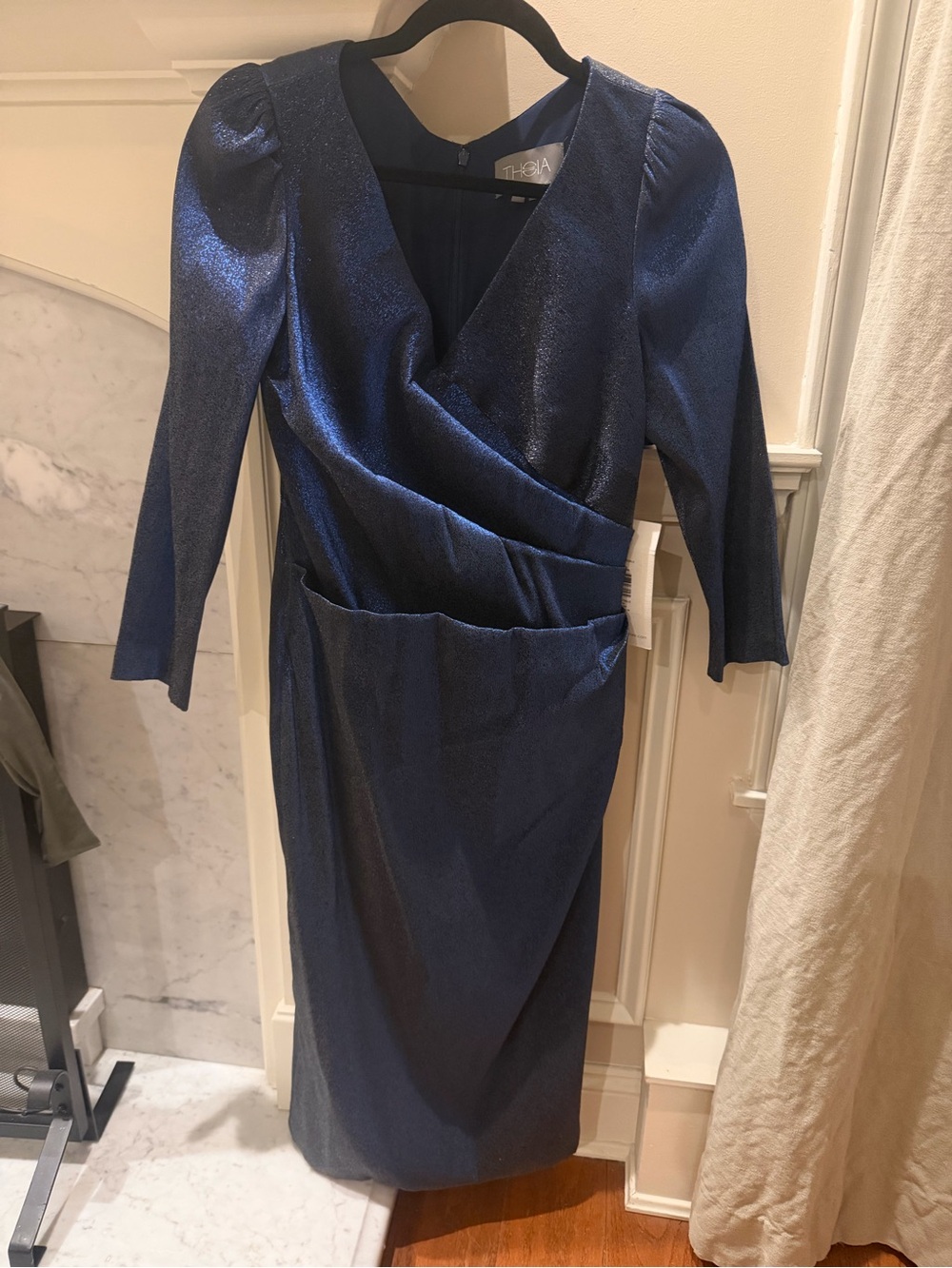 Theia Metallic Navy Long-Sleeve Wrap Midi Dress